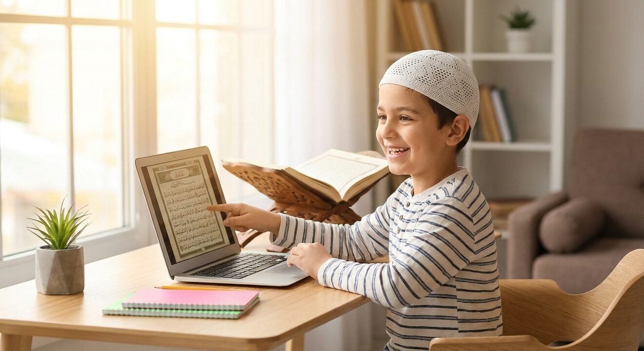 Smiling child learning the Holy Quran online with Tajweed